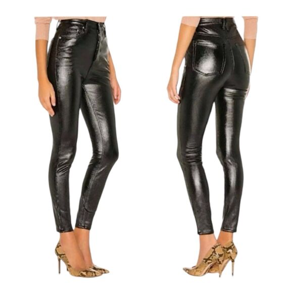 Free People Phoenix Coated Skinny Button Pants Jeans Liquid Black 24R - Picture 1 of 16